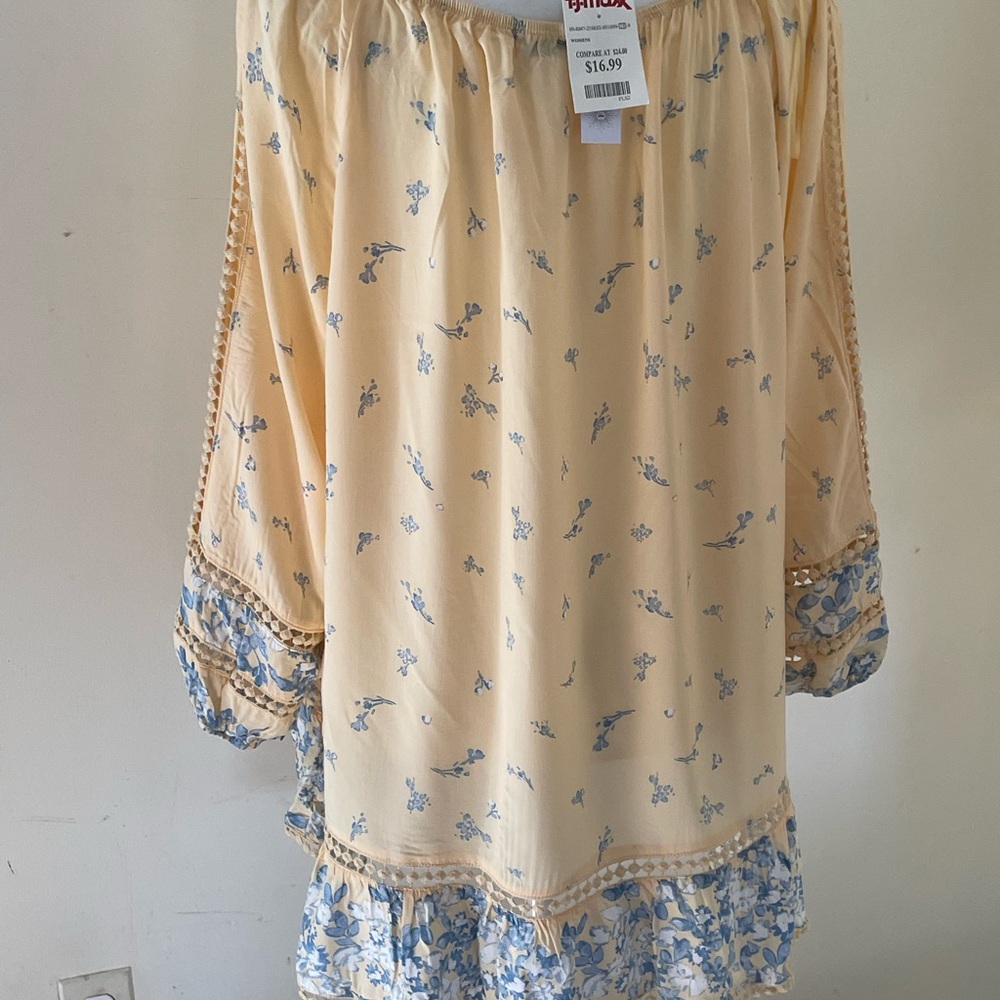 Fever 3X NWT butter yellow /blue floral peasant off the shoulder top w/crochet - Picture 5 of 7
